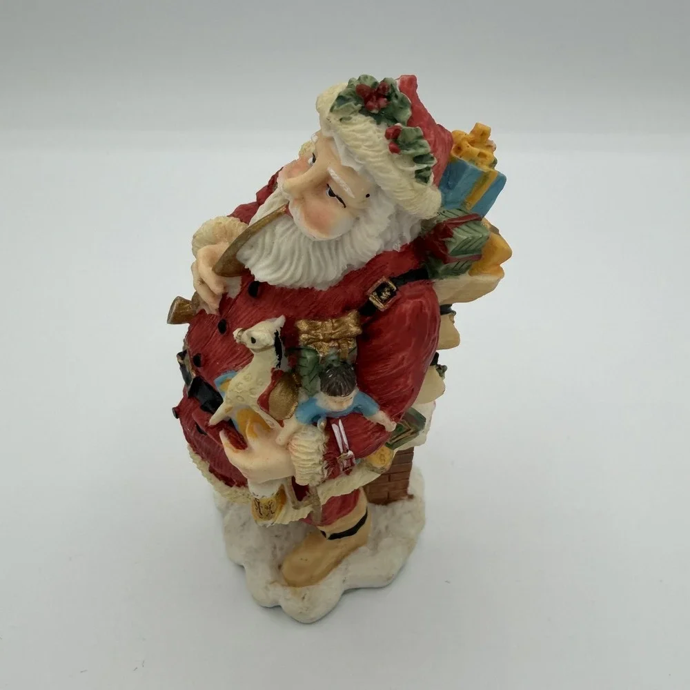 Vintage 1992 Santa Claus Figure‎ Holding Toys and Pipe on Chimney Base